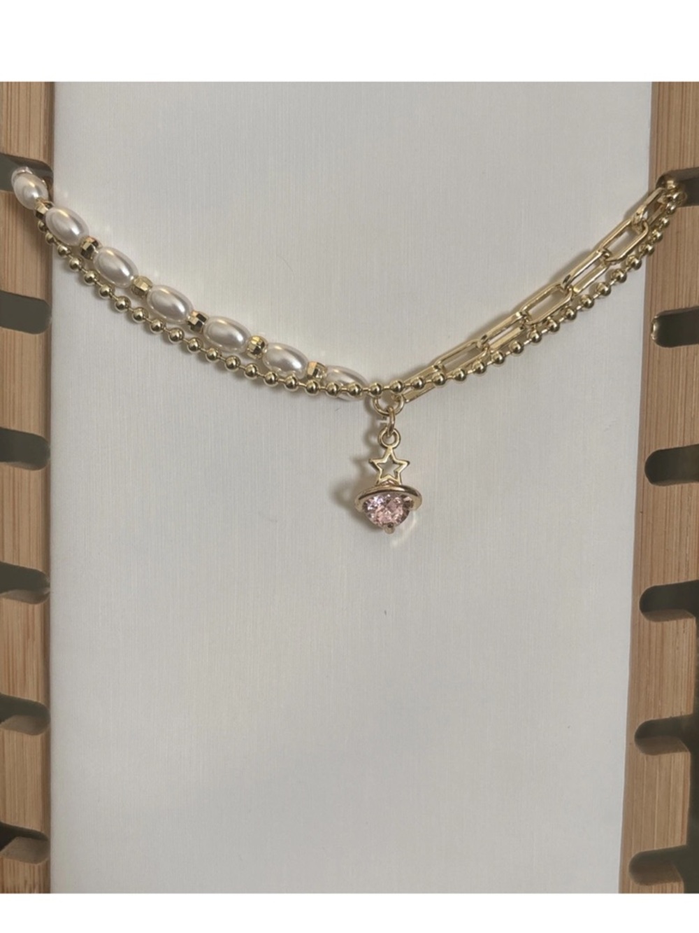 Gold Plated Layered Bracelet Faux Pearl Chain Pink CZ Celestial Charm Adjustable - Picture 9 of 11